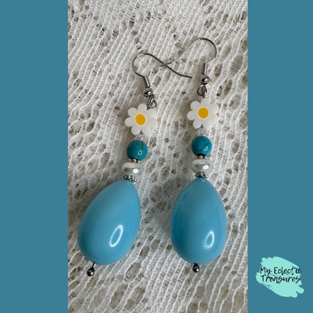 Handmade Blue Easter Egg Daisy Dangle Earrings 2.5” | Spring Floral Jewelry